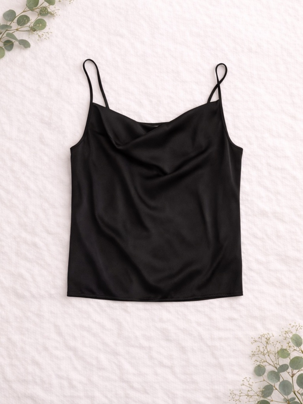 Zenana Black Satin Cowl Neck Cami Adjustable Strap Tank Large